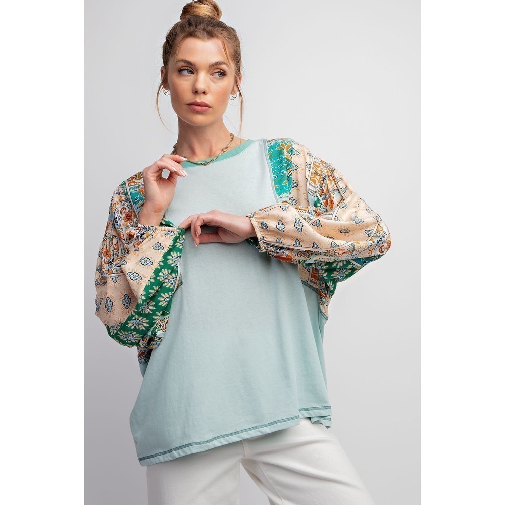 Sage Green Print Mixed with Cotton Slub Knit Top - Plus